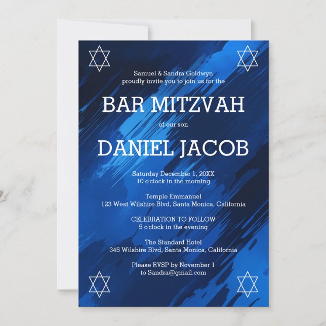 Invitation Bleu Brosse Étoiles BARRE personnalisée BAT MITZVA (Devant)