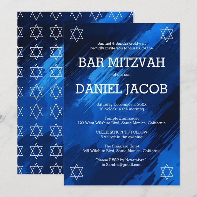 Invitation Bleu Brosse Étoiles BARRE personnalisée BAT MITZVA (Devant / Derrière)