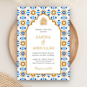 Invitation Bleu Brown Perse mosaïque QR Code Mariage musulman