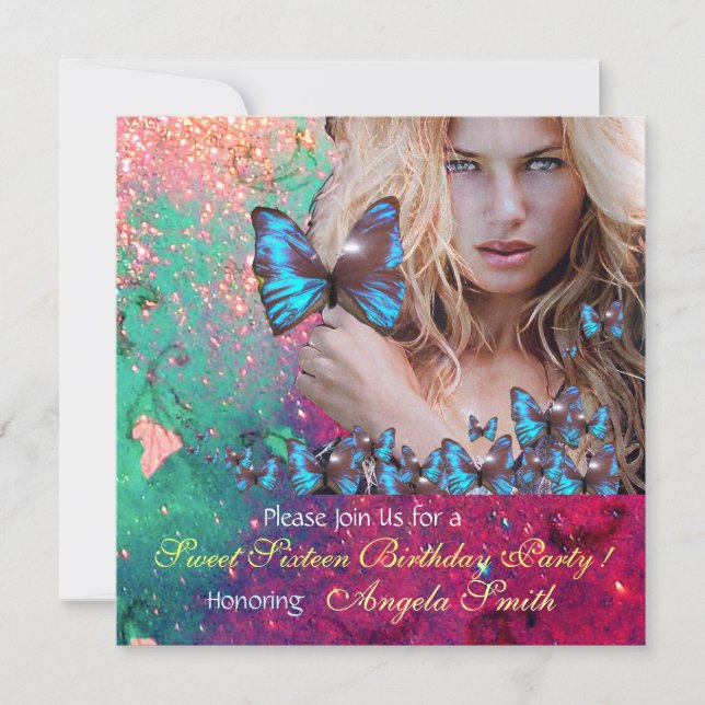 INVITATION BLEU BUTTERFLY SWEET 16 PARTY MONOGRAM (Devant)