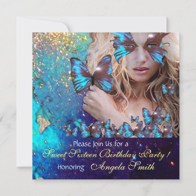 INVITATION BLEU BUTTERFLY SWEET 16 PARTY MONOGRAM (Devant)