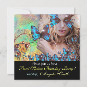 INVITATION BLEU BUTTERFLY SWEET 16 PARTY MONOGRAM