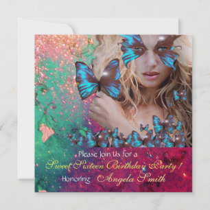 INVITATION BLEU BUTTERFLY SWEET 16 PARTY MONOGRAM, OR