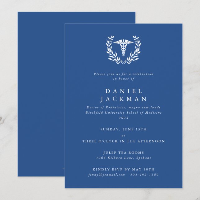 Invitation Bleu Caduceus+Laurel Ecole Médicale (Devant / Derrière)
