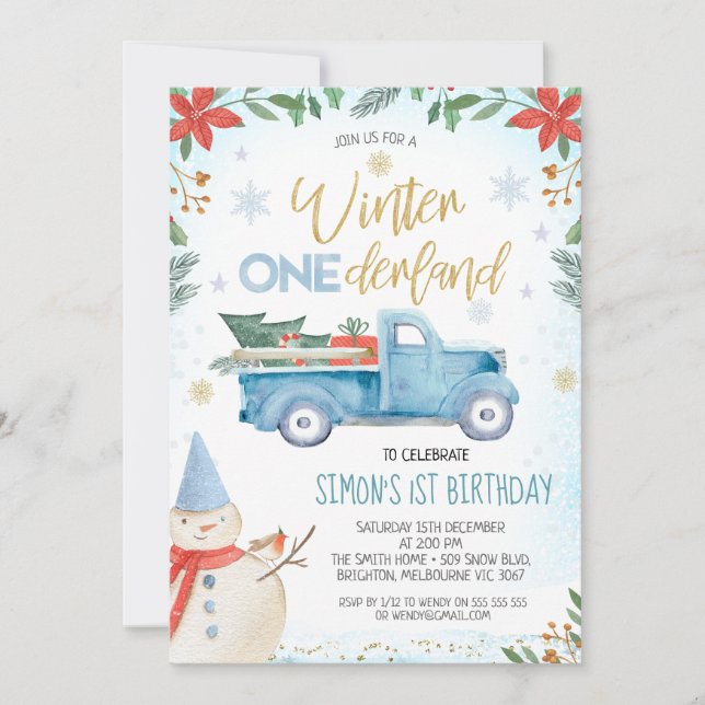 Invitation Bleu Camion Poinsettia Hiver Onederland Anniversai (Devant)