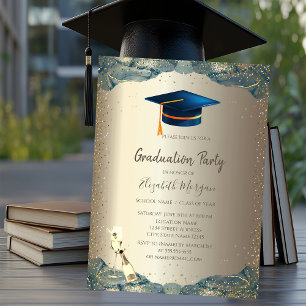 Invitation Bleu Casquette, Vin Verre Confetti Graduation