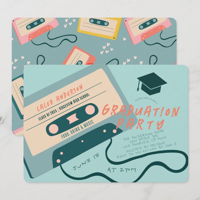 Invitation Bleu Cassette des années 80 Bleu Musique Graduatio (Devant / Derrière)