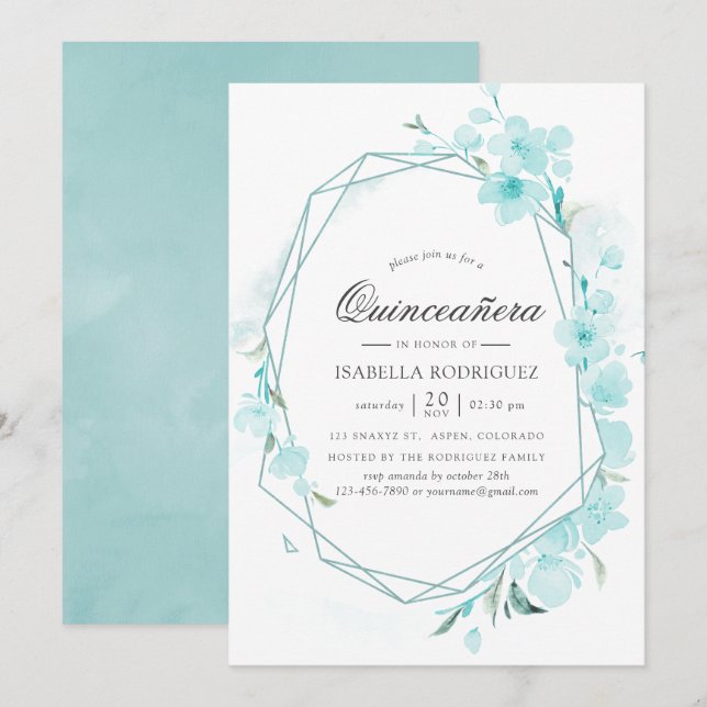 Invitation Bleu cerisier en fleurs de printemps géométrique Q (Devant / Derrière)
