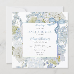 Invitation Bleu C'est un garçon Baby shower Floral Bow