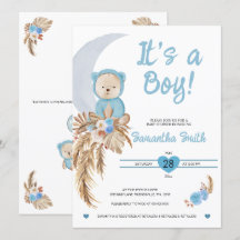 Bleu C'est un garçon Boho Bear Lune Baby shower