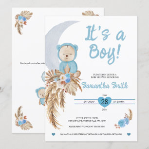 Invitation Bleu C'est un garçon Boho Bear Lune Baby shower