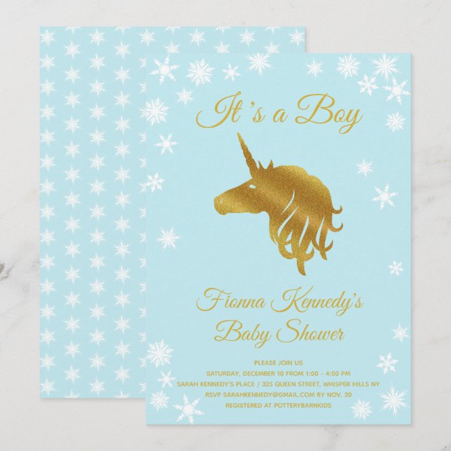 Invitation Bleu C'est un garçon Unicorn Baby shower d'hiver (Devant / Derrière)
