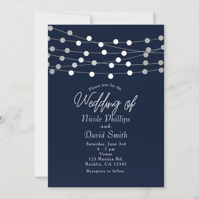 Invitation Bleu Chaîne Lumière Mariage moderne chic (Devant)