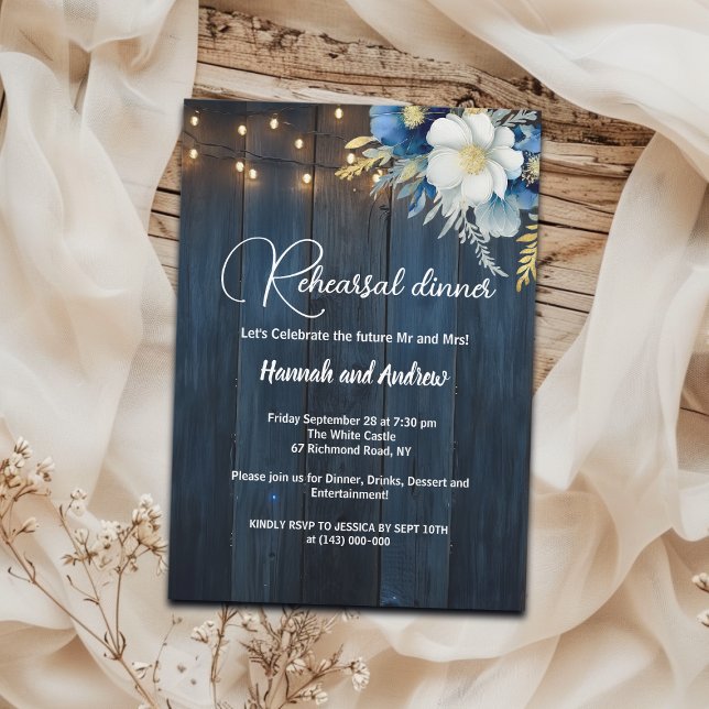 Invitation Bleu Chaîne Lumières 'Dîner de répétition' Mariage (Créateur téléchargé)