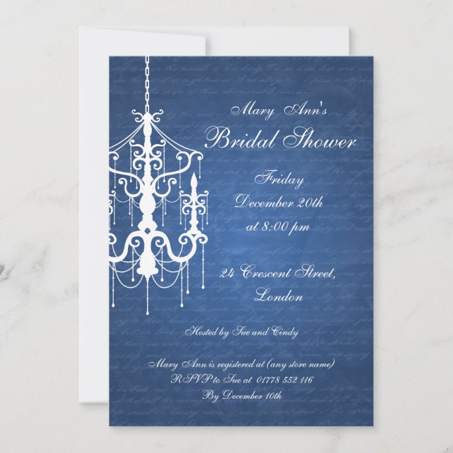 Invitation Bleu chandelier Fête de l'mariée élégant (Devant)