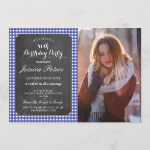 Invitation Bleu Check Rustic Chalk Photo