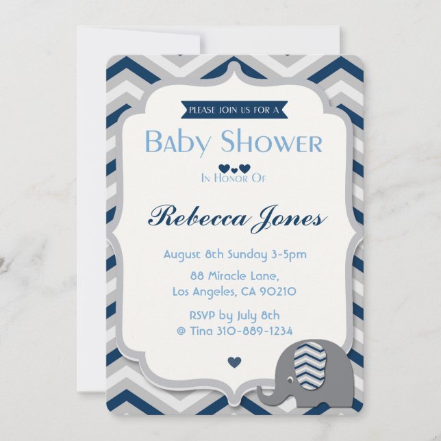 Invitation Bleu Chevron de garçon d'invitation de baby shower (Devant)