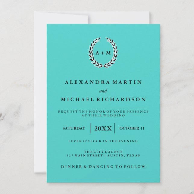Invitation Bleu chic avec la guirlande noire et blanche (Devant)