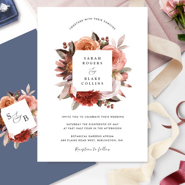 Invitation Bleu chic, Brousse Bourgogne et Mariage floral ros (Créateur téléchargé)