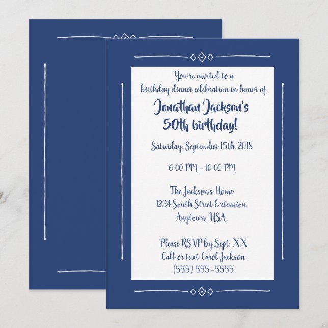 Invitation Bleu chic simple sur le bleu toute la partie (Devant / Derrière)