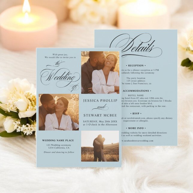 Invitation Bleu chic tout en un script photos mariage (Chic blue white all in one script photos wedding invitation)