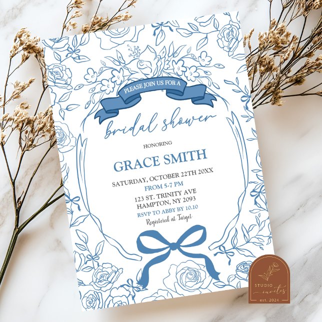 Invitation Bleu Chinoiserie Bow Fête des mariées florale (Créateur téléchargé)