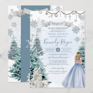 Invitation Bleu clair Argent hiver neige douce 16 Anniversair