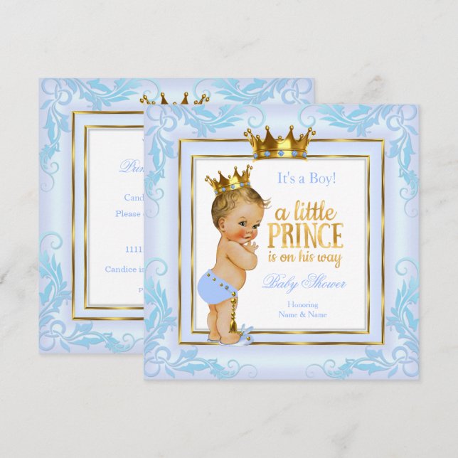 Invitation Bleu clair Baby shower de couronne or Blonde (Devant / Derrière)