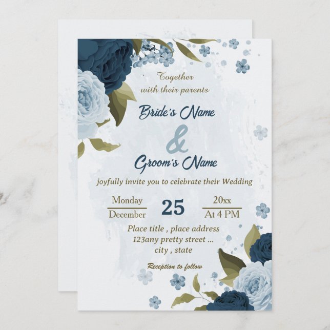 Invitation bleu clair bleu marine bleu fleurs mariage botaniq (Devant / Derrière)