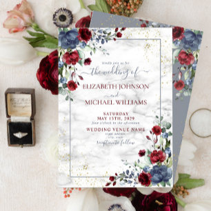 Invitation Bleu clair Bourgogne Mariage Floral Or