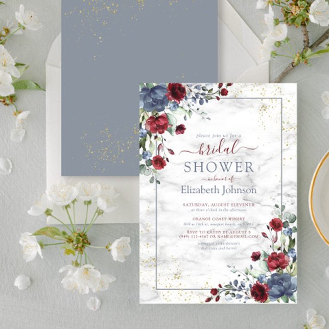 Invitation Bleu clair Bourgogne Or Floral Douche (Créateur téléchargé)