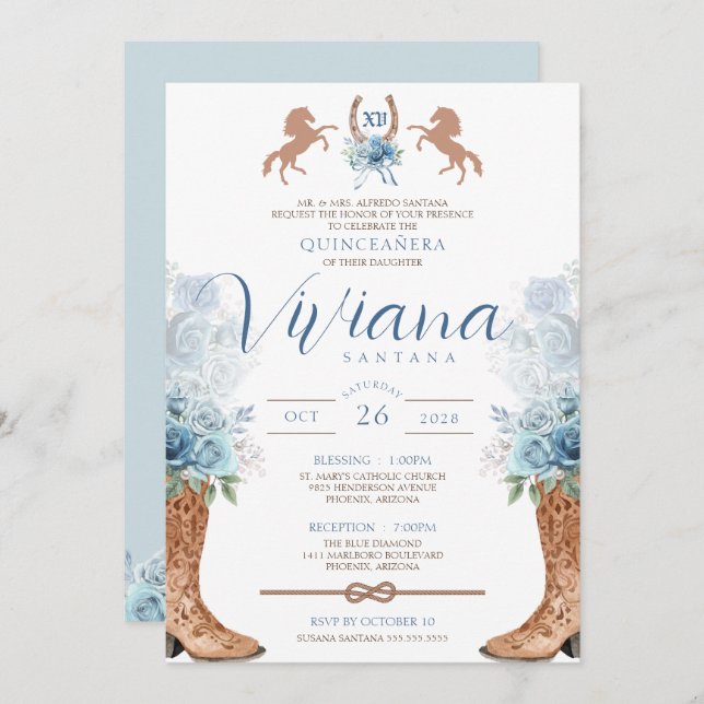 Invitation Bleu clair Charra Quinceanera (Devant / Derrière)