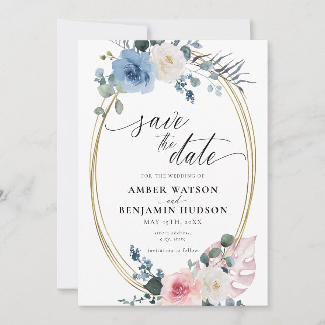 Invitation Bleu clair Dusty Rose Floral Enregistrer La Date (Devant)