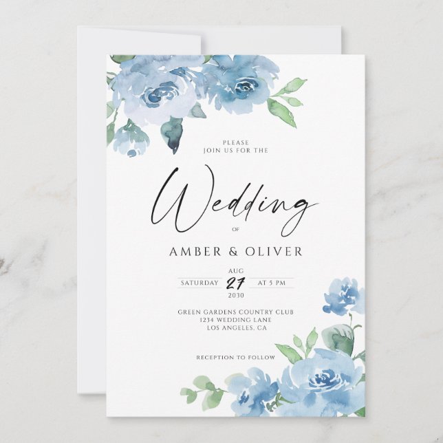 Invitation Bleu clair Élégant Floral Baby Blue Boho Mariage (Devant)