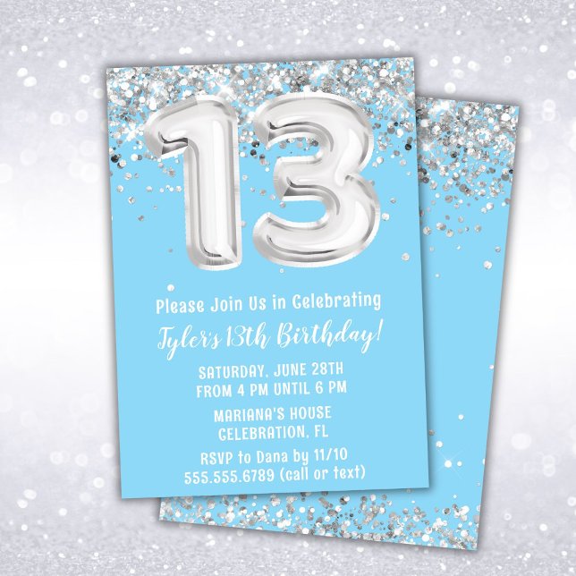 Invitation Bleu clair et argent 13e anniversaire (Créateur téléchargé)