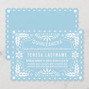 Invitation Bleu clair et blanc de papillon picado Quinceañera