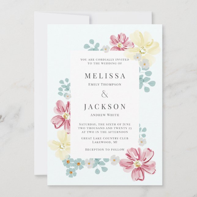 Invitation Bleu clair et Mariage à fleurs (Devant)