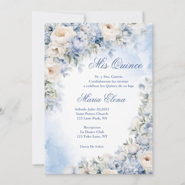 Invitation Bleu clair et Roses couleur crème. (Devant)