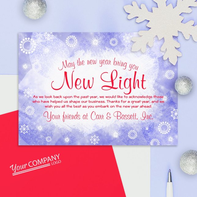 Invitation Bleu clair, Flèches blanches, Fêtes de la Compagni (blue ice snowflakes, red script writing, red logo company holiday cards, blue Christmas greetings)