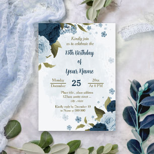 Invitation bleu clair fleurs de la marine anniversaire botani