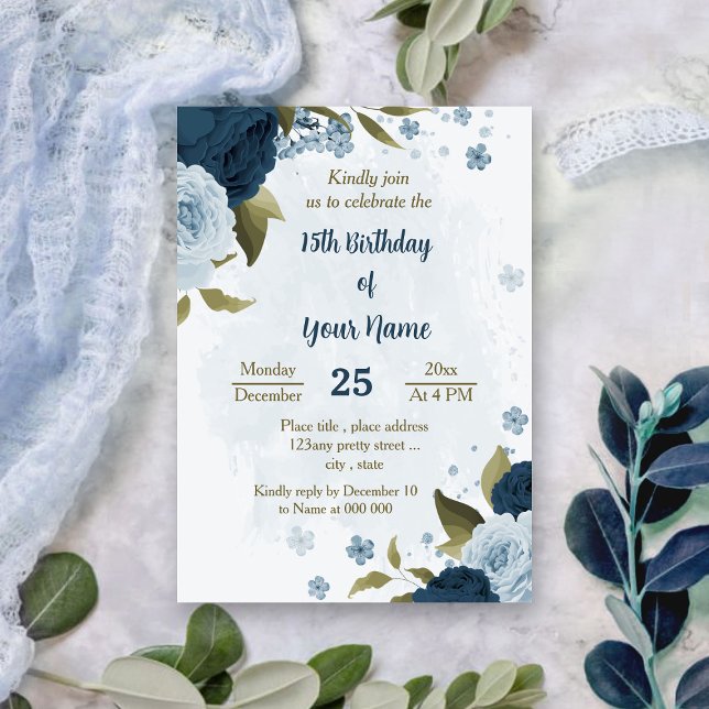Invitation bleu clair fleurs de la marine anniversaire botani (Créateur téléchargé)