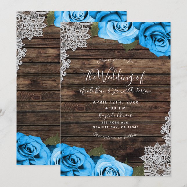 Invitation Bleu clair Floral Rose Rustique Mariage dentelle e (Devant / Derrière)