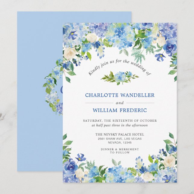 Invitation Bleu clair Hydrangeas Vert Mariage aquarelle (Devant / Derrière)
