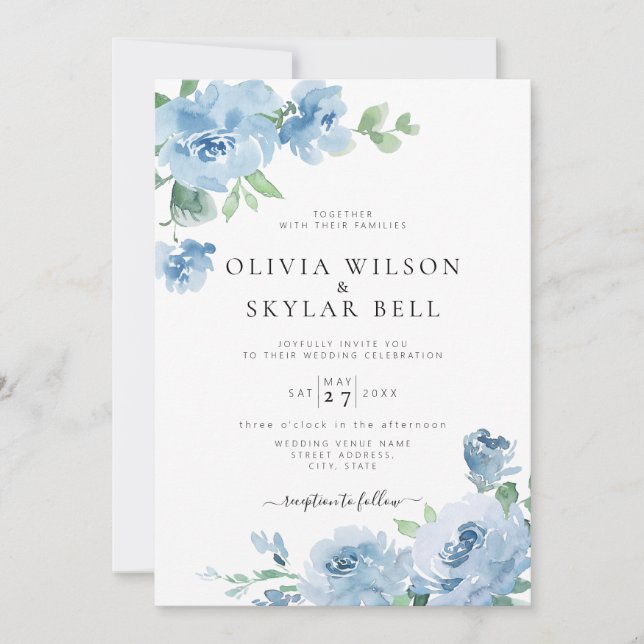 Invitation Bleu clair Pastel Mariage botanique (Devant)