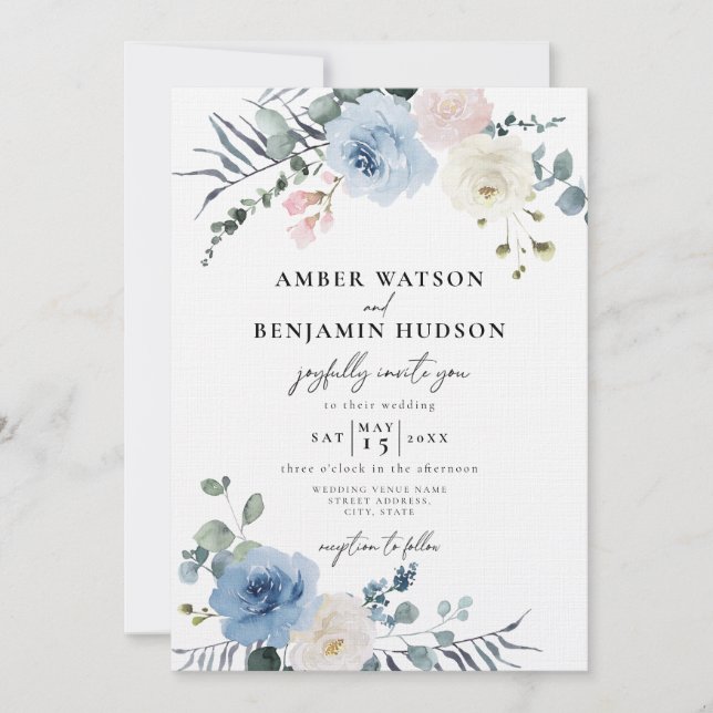 Invitation Bleu clair Plage Mariage floral tropical (Devant)
