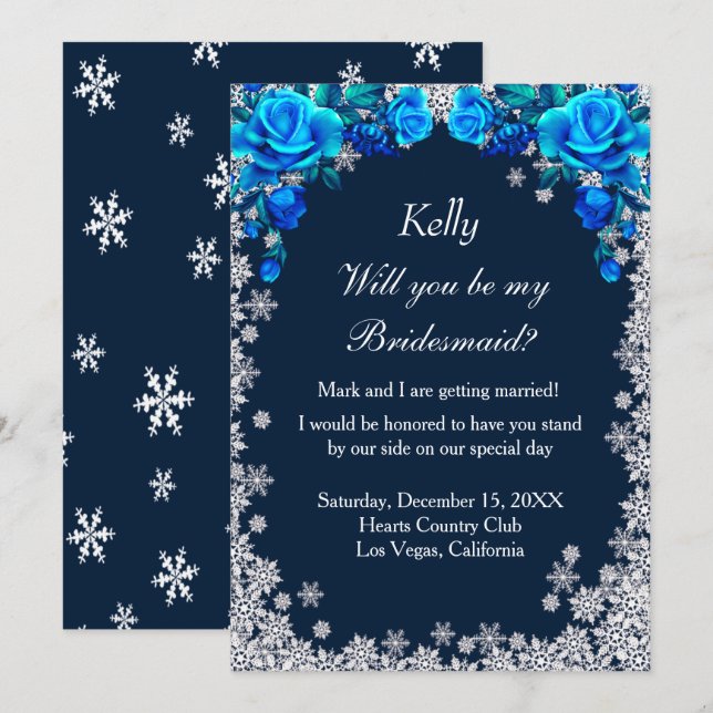 Invitation Bleu clair Rose Flocon de neige Noël Bridesmaid (Devant / Derrière)