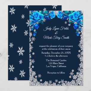 Invitation Bleu clair Roses Flocon de neige Noël