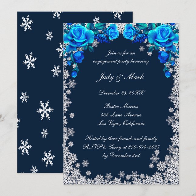 Invitation Bleu clair Roses Snowflake Engagement (Devant / Derrière)