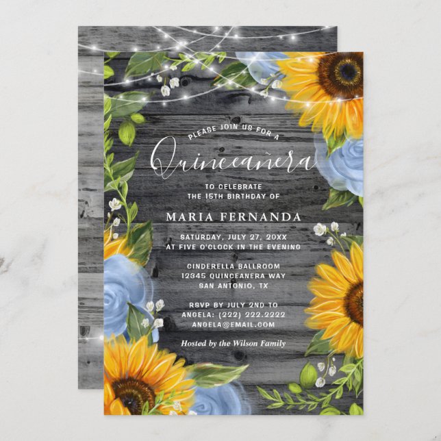 Invitation Bleu clair rustique Rose Tournesol Quinceanera (Devant / Derrière)