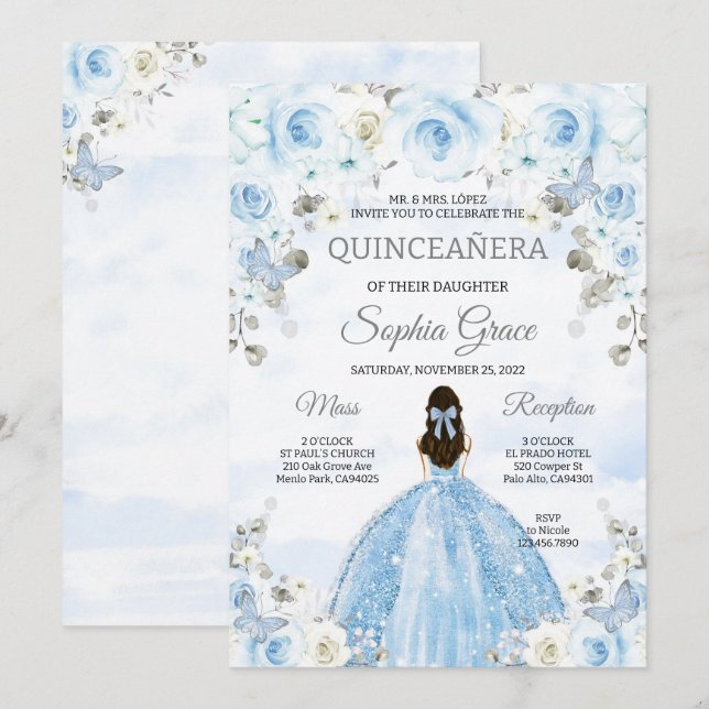 Invitation Bleu clair Silver Princesse Quinceanera Anniversai (Devant / Derrière)